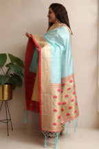 Elegant Blue Paithani Silk Flower Design Dupatta - Luxurion World