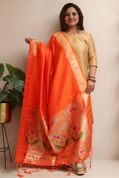Elegant Orange Paithani Silk Flower Design Dupatta - Luxurion World