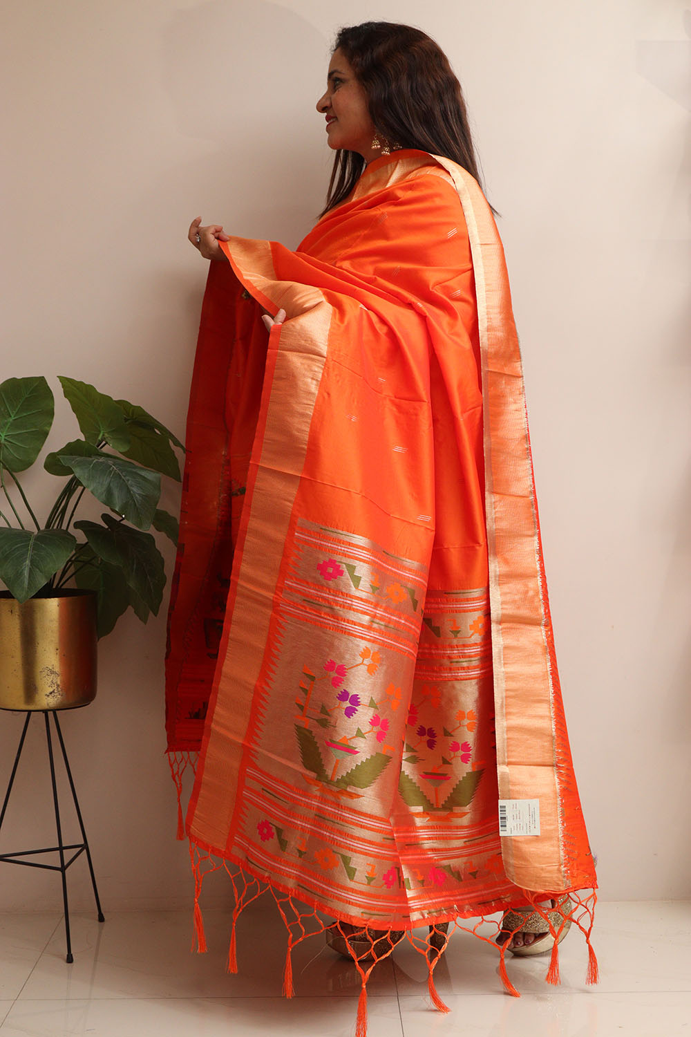 Elegant Orange Paithani Silk Flower Design Dupatta - Luxurion World