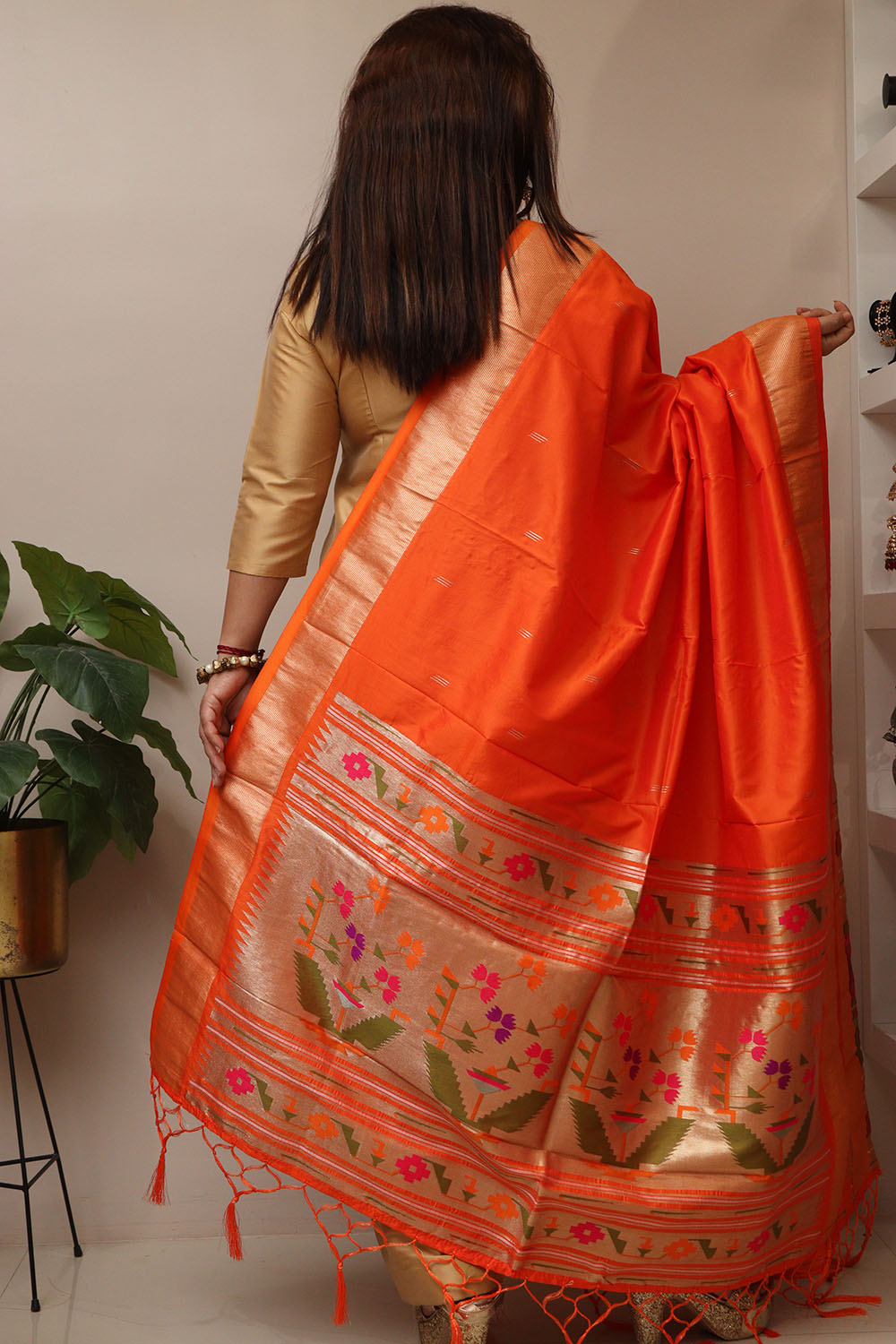 Elegant Orange Paithani Silk Flower Design Dupatta - Luxurion World