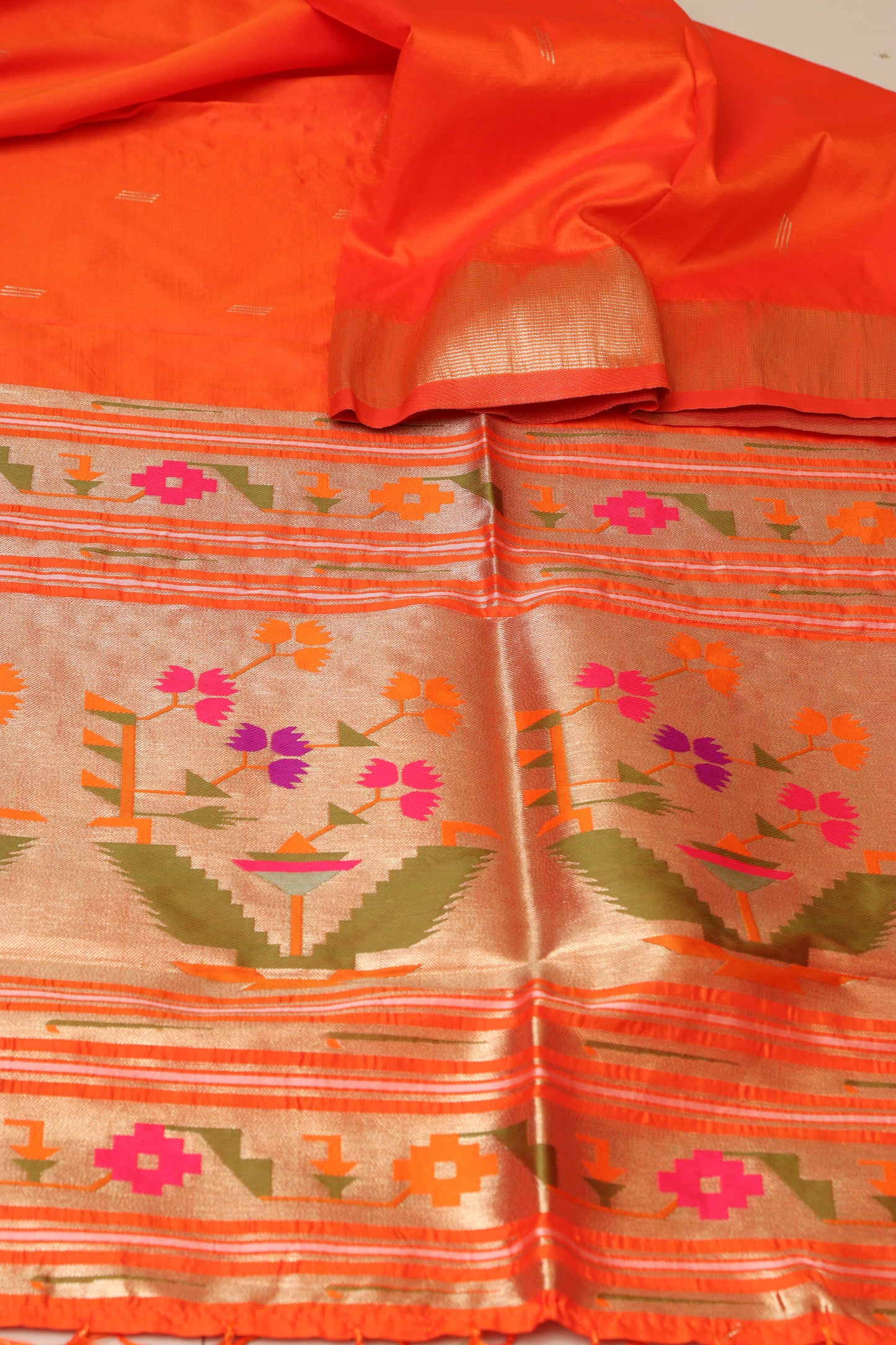 Elegant Orange Paithani Silk Flower Design Dupatta - Luxurion World