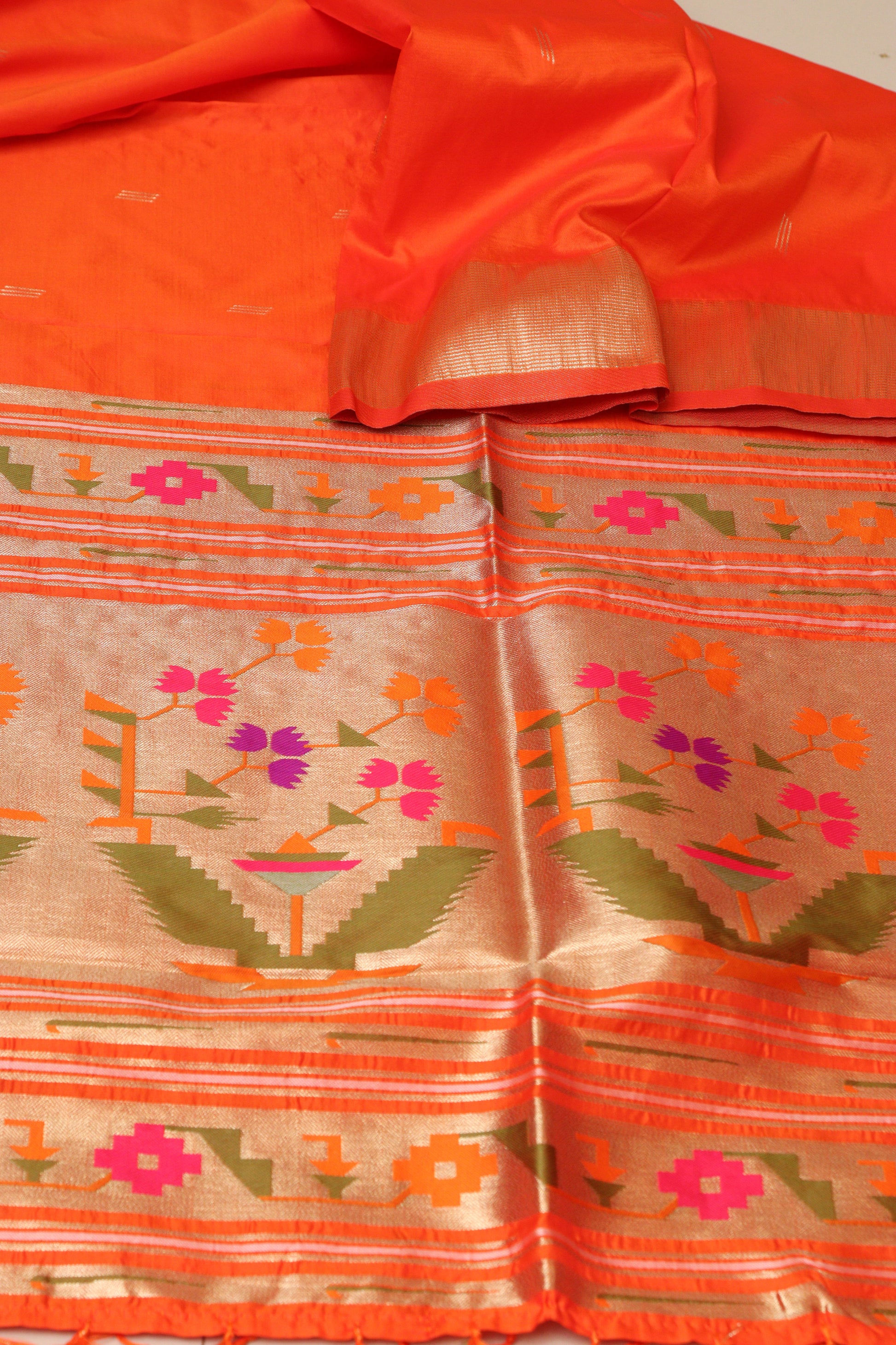 Elegant Orange Paithani Silk Flower Design Dupatta - Luxurion World