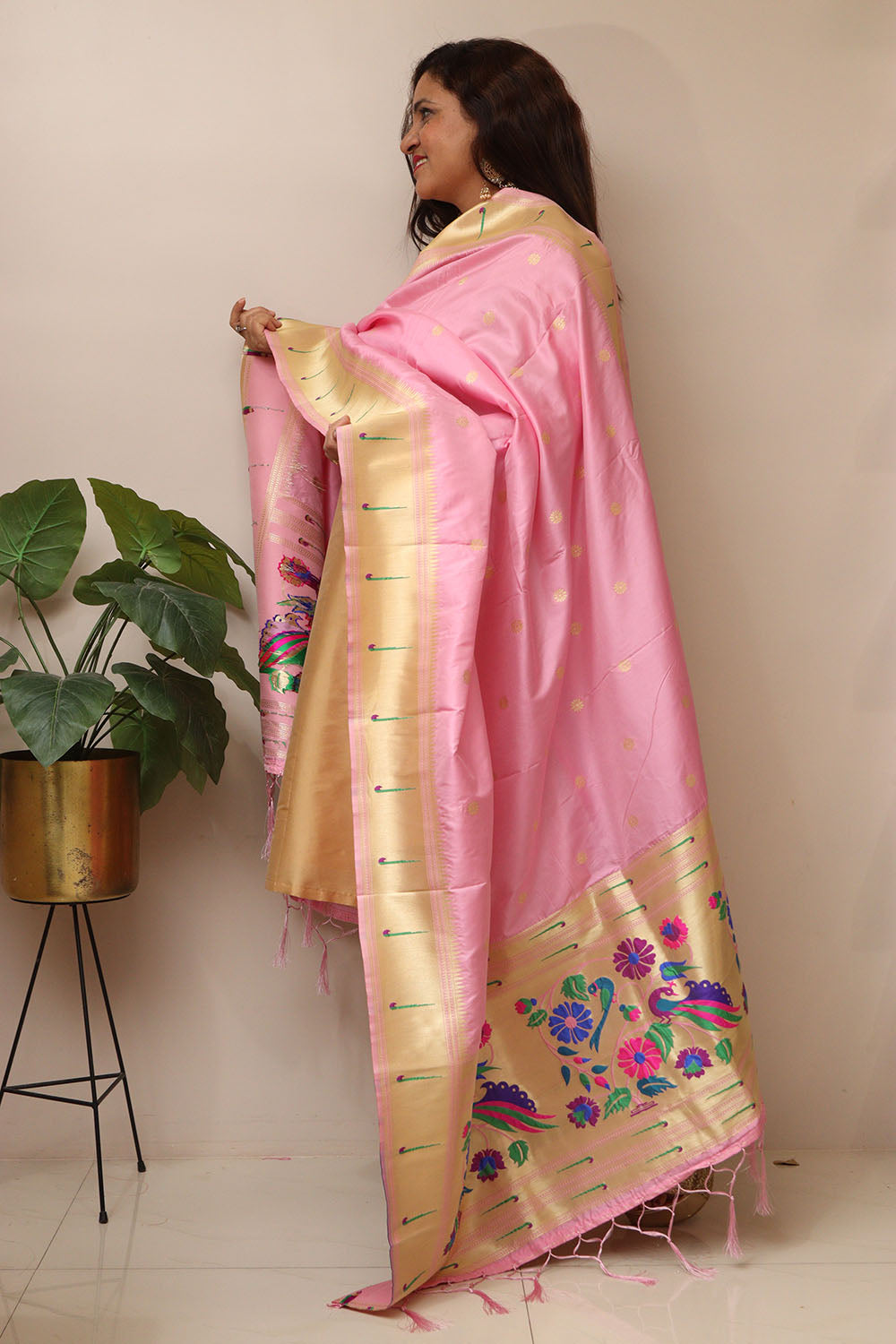 Stunning Pink Paithani Silk Flower & Peacock Design Dupatta - Elegant and Luxurious - Luxurion World