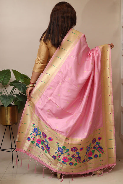 Stunning Pink Paithani Silk Flower & Peacock Design Dupatta - Elegant and Luxurious - Luxurion World