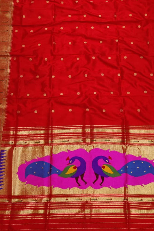Pure Silk Red Paithani Handloom Dupatta with Muniya Border - Luxurion World