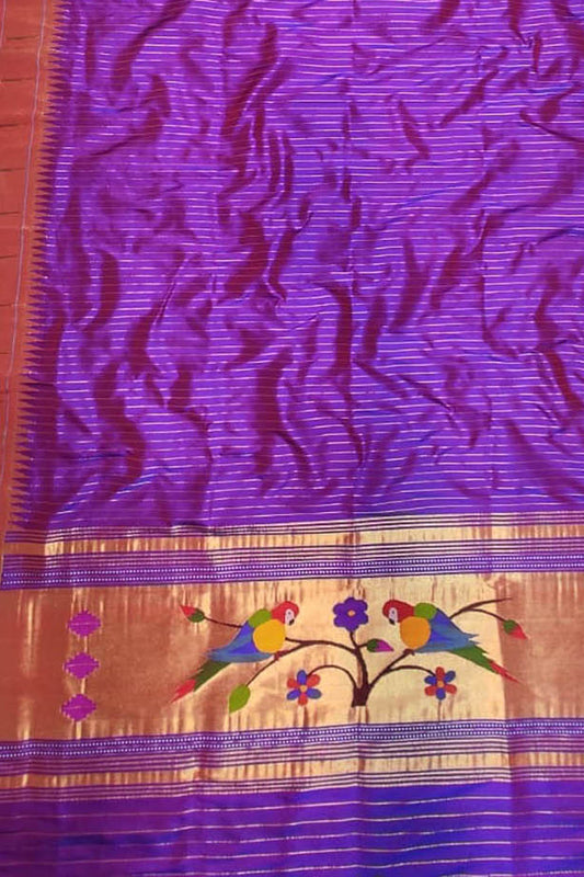 Pure Silk Purple Handloom Paithani Dupatta with Muniya Border - Luxurion World