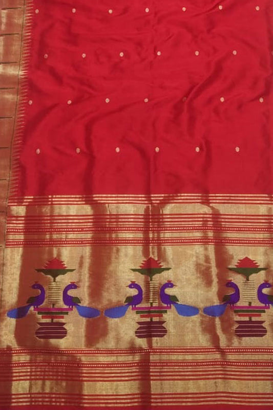 Pure Silk Red Paithani Handloom Dupatta with Muniya Border - Luxurion World