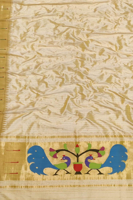Pure Silk Off White Paithani Handloom Dupatta with Muniya Border - Single - Luxurion World