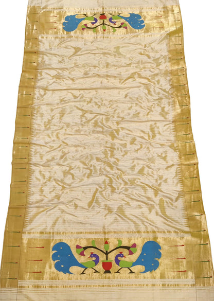 Pure Silk Off White Paithani Handloom Dupatta with Muniya Border - Single - Luxurion World