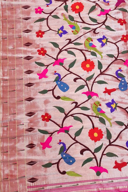 Exquisite Pink Paithani Handloom Pure Silk Brocade Muniya Border Peacock And Flower Design Dupatta - Luxurion World