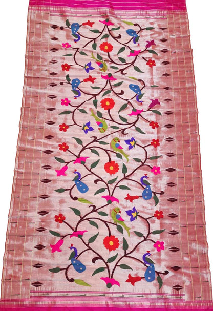 Exquisite Pink Paithani Handloom Pure Silk Brocade Muniya Border Peacock And Flower Design Dupatta - Luxurion World
