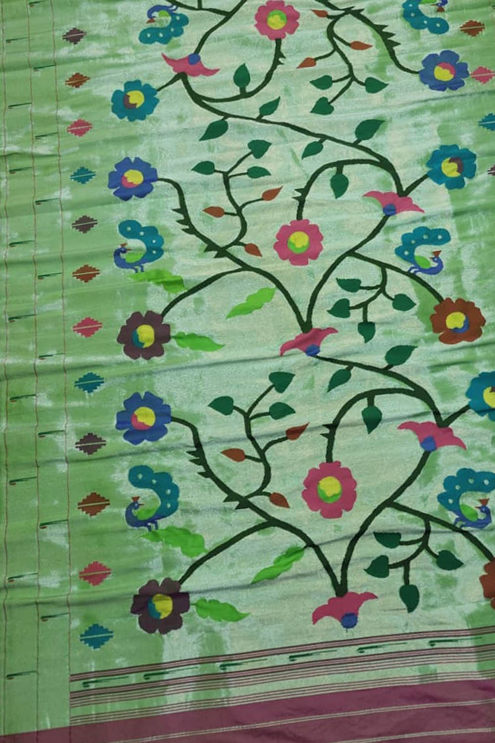 Green Paithani Handloom Pure Silk Brocade Muniya Border Peacock And Flower Design Dupatta - Luxurion World