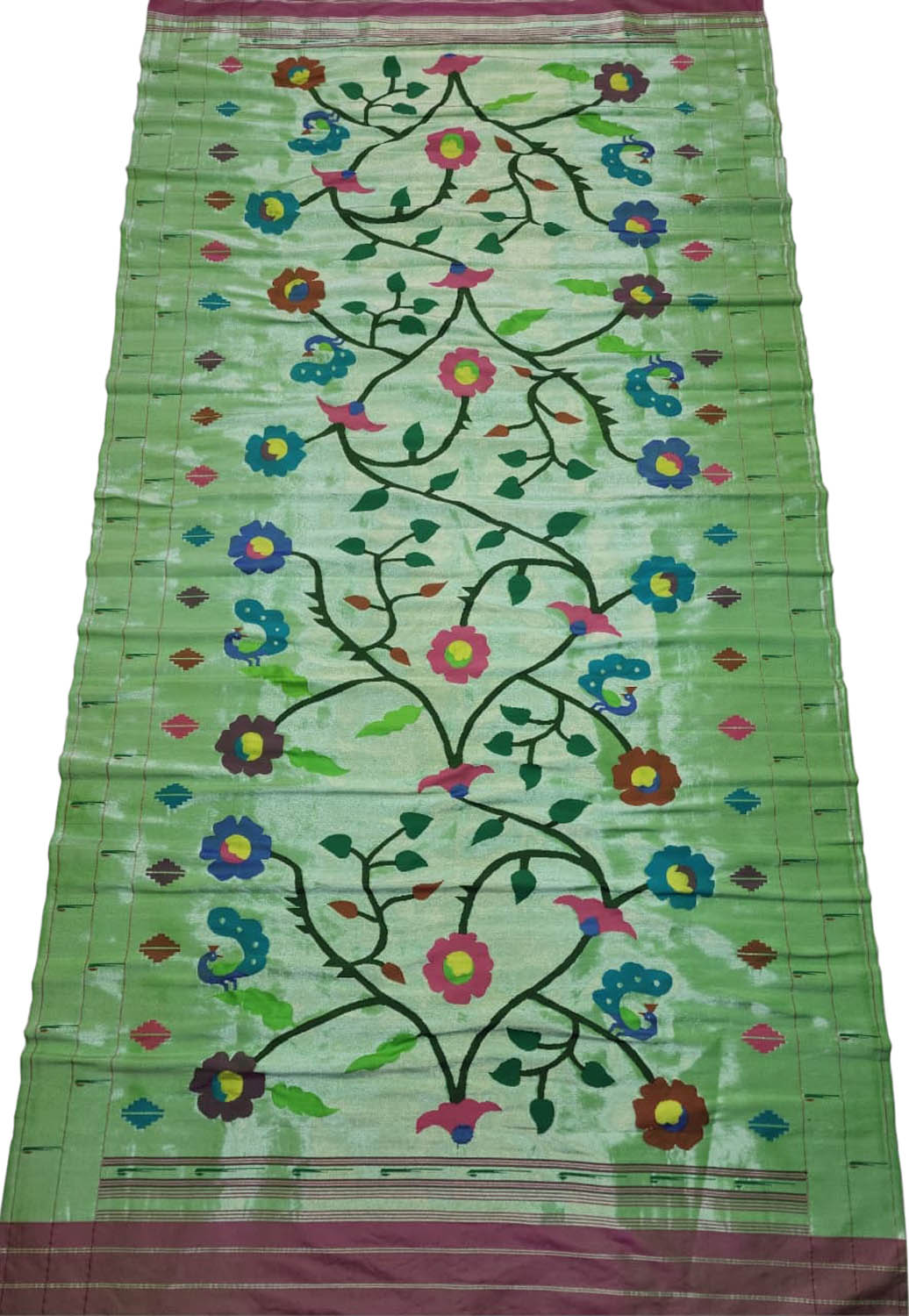 Green Paithani Handloom Pure Silk Brocade Muniya Border Peacock And Flower Design Dupatta - Luxurion World