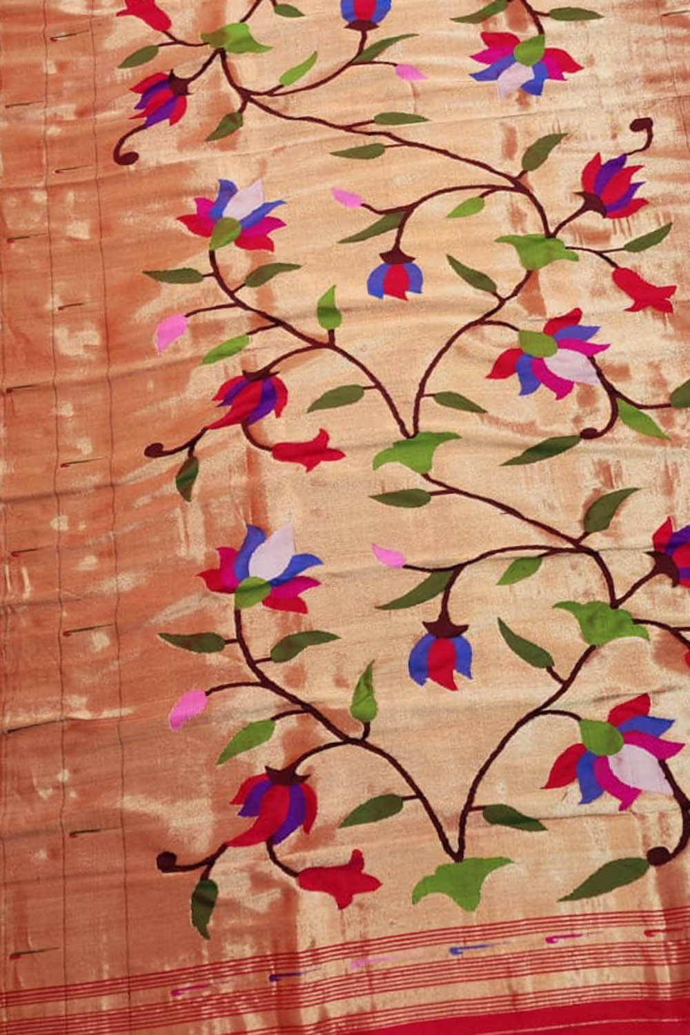 Red And Golden Paithani Handloom Pure Silk Brocade Muniya Border Flower Design Dupatta - Luxurion World