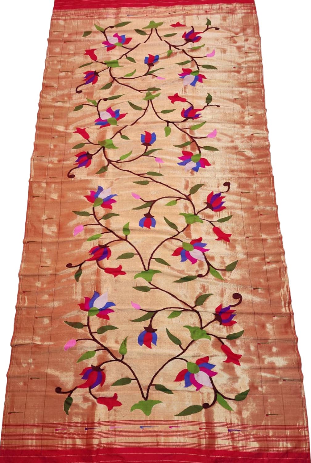 Red And Golden Paithani Handloom Pure Silk Brocade Muniya Border Flower Design Dupatta - Luxurion World