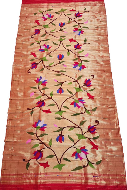 Red And Golden Paithani Handloom Pure Silk Brocade Muniya Border Flower Design Dupatta - Luxurion World