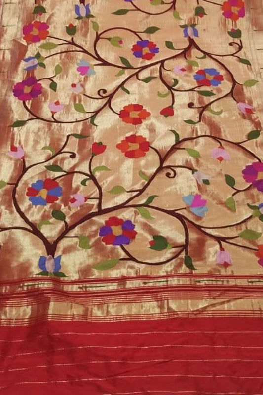 Golden Paithani Handloom Pure Silk Brocade Muniya Border Dupatta - Luxurion World