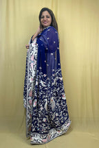 Blue Hand Embroidered Parsi Work Pure Georgette Dupatta - Luxurion World