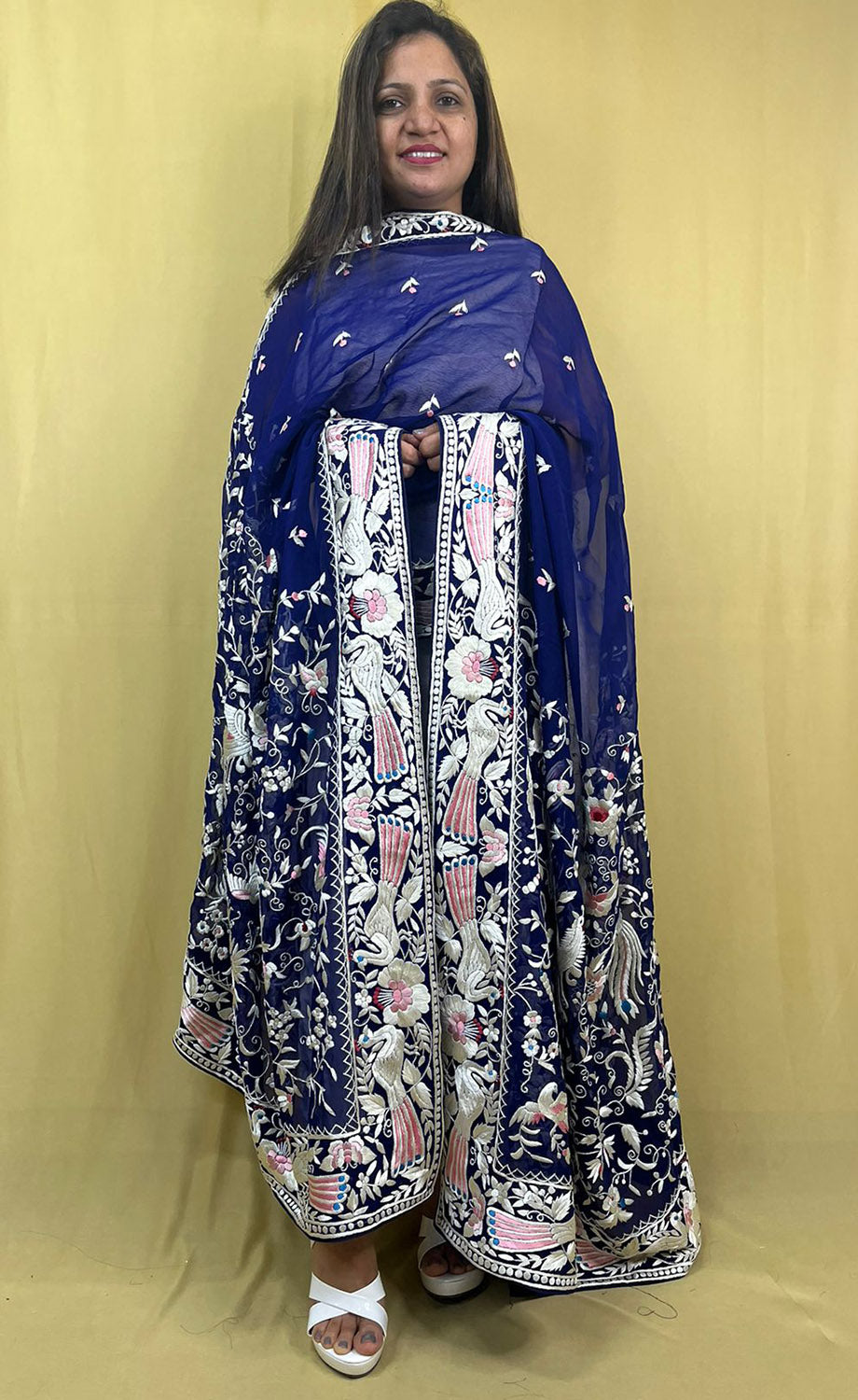 Blue Hand Embroidered Parsi Work Pure Georgette Dupatta - Luxurion World