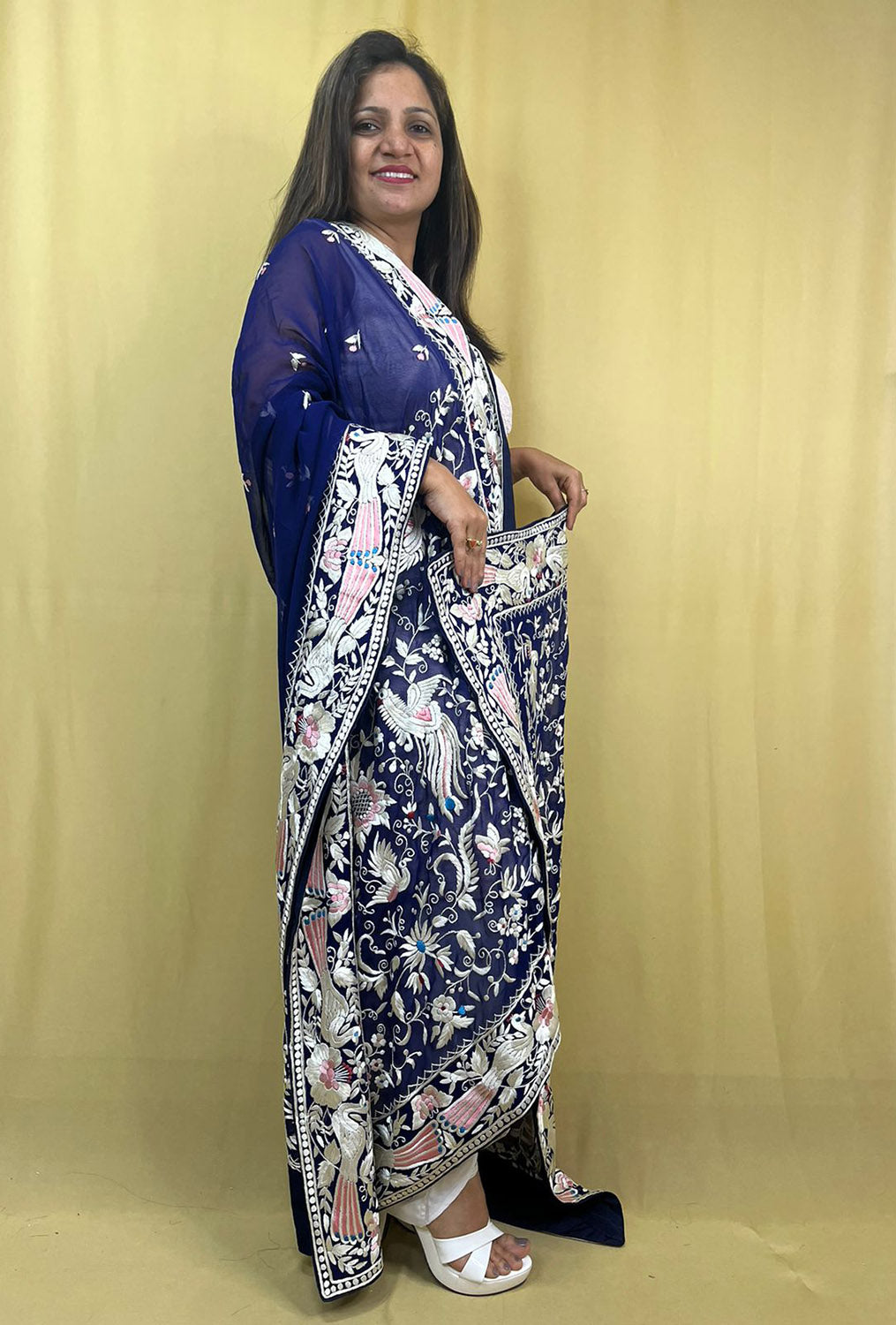 Blue Hand Embroidered Parsi Work Pure Georgette Dupatta - Luxurion World