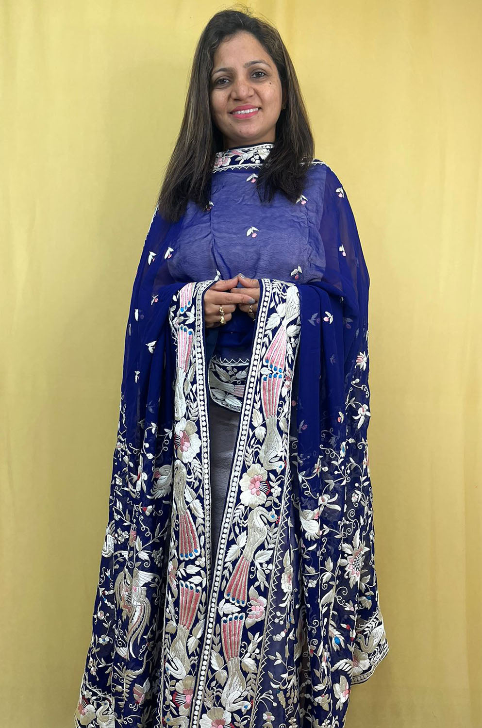 Blue Hand Embroidered Parsi Work Pure Georgette Dupatta - Luxurion World