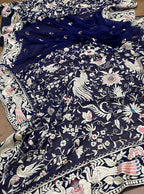 Blue Hand Embroidered Parsi Work Pure Georgette Dupatta - Luxurion World