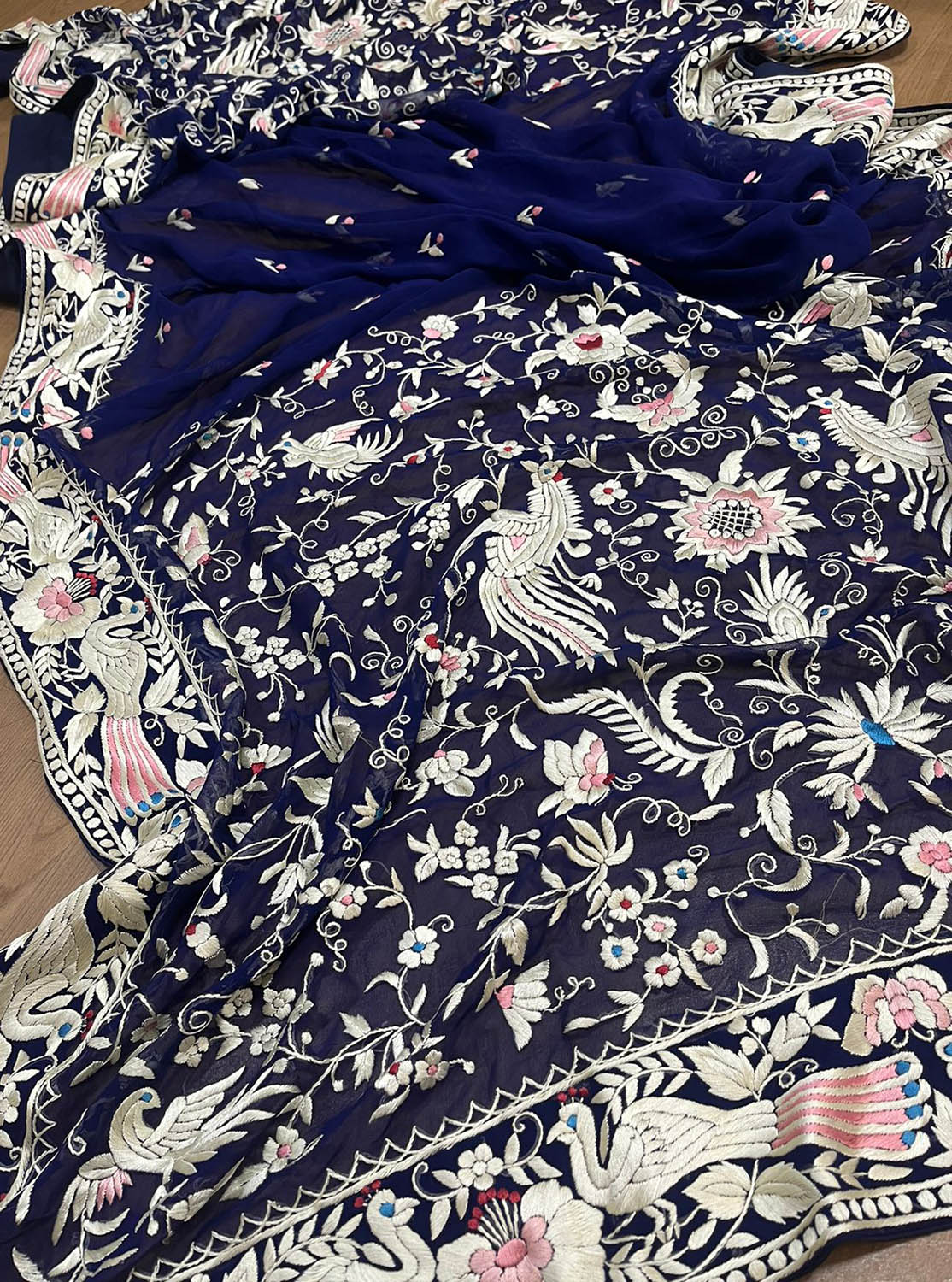 Blue Hand Embroidered Parsi Work Pure Georgette Dupatta - Luxurion World