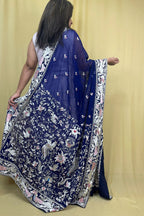 Blue Hand Embroidered Parsi Work Pure Georgette Dupatta - Luxurion World