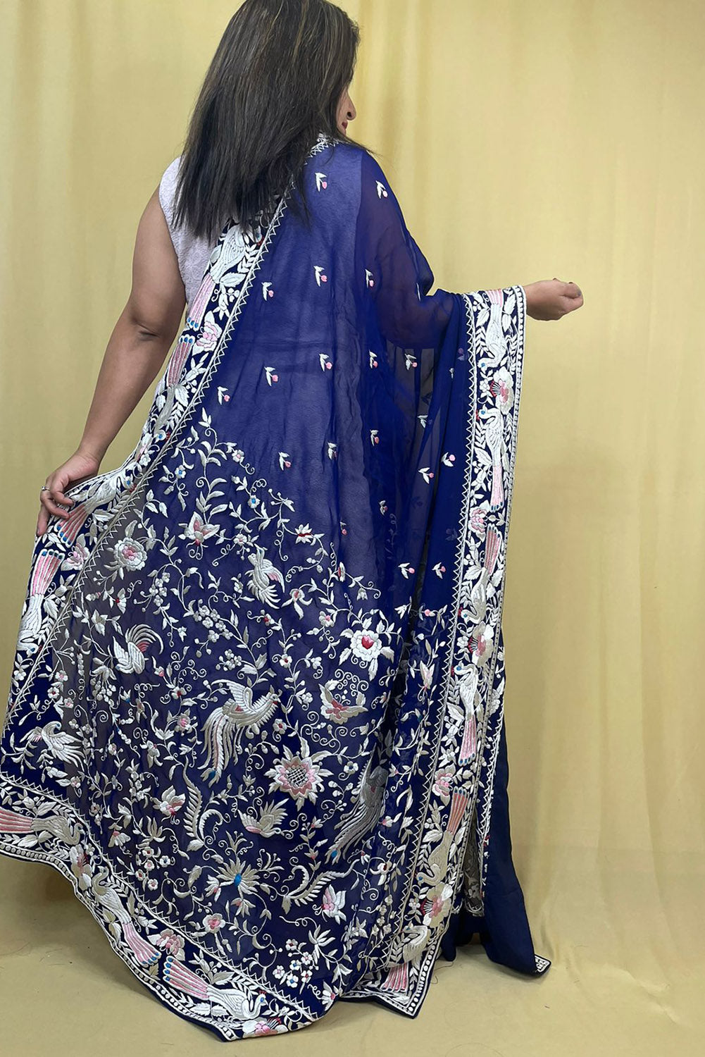 Blue Hand Embroidered Parsi Work Pure Georgette Dupatta - Luxurion World