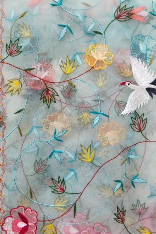 Exquisite Blue Parsi Dupatta with Hand Embroidered Convent Work - Luxurion World