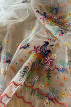 Elegant Off White Hand Embroidered Net Dupatta - Luxurion World- Crafted Heirlooms