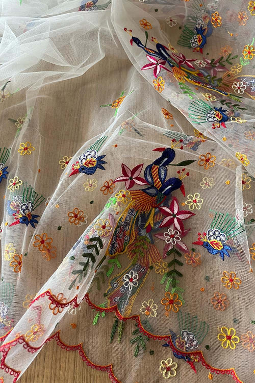 Elegant Off White Hand Embroidered Net Dupatta - Luxurion World- Crafted Heirlooms