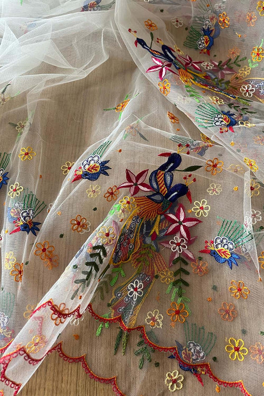 Elegant Off White Hand Embroidered Net Dupatta - Luxurion World