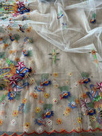 Elegant Off White Hand Embroidered Net Dupatta - Luxurion World- Crafted Heirlooms