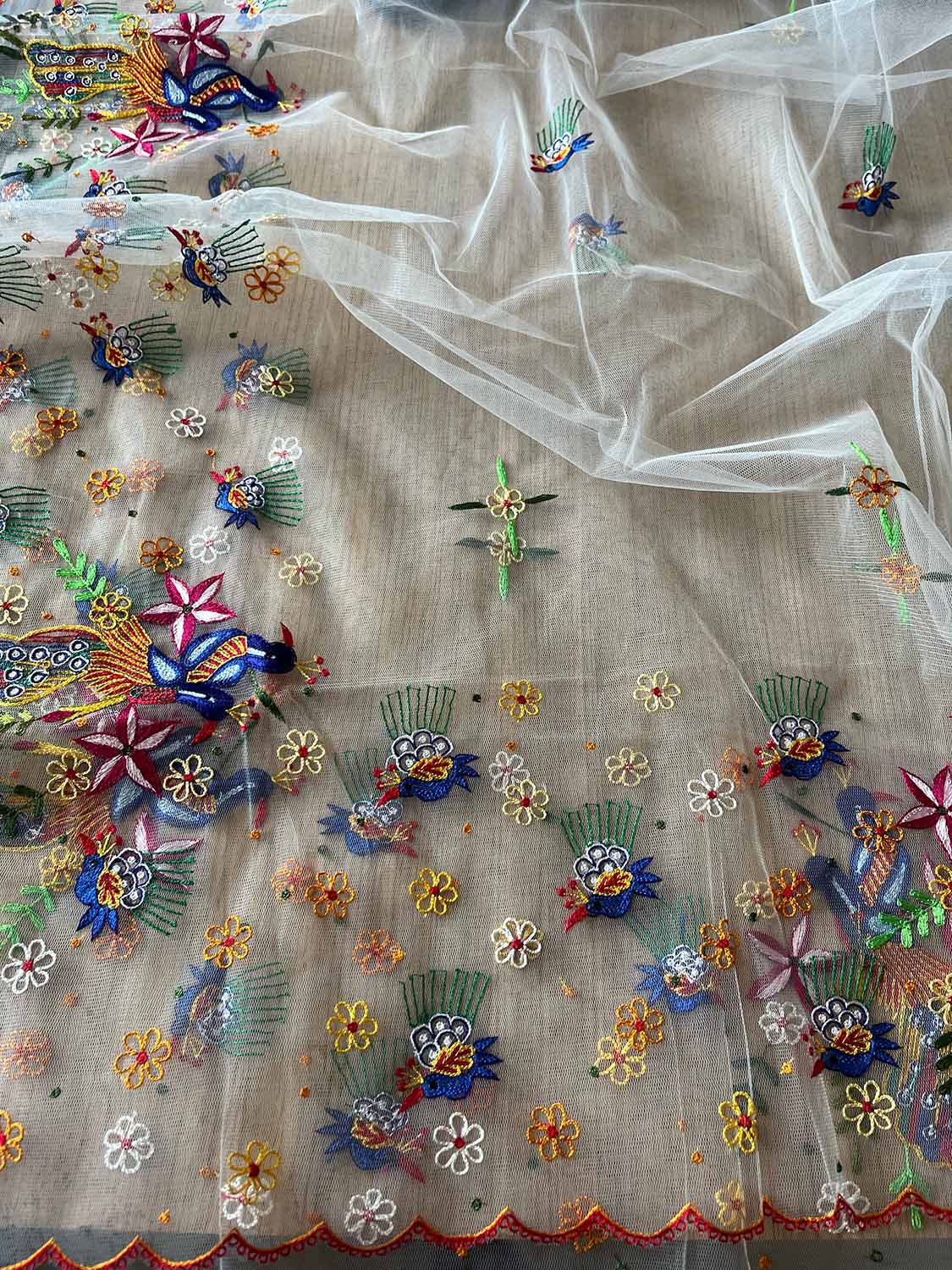 Elegant Off White Hand Embroidered Net Dupatta - Luxurion World- Crafted Heirlooms