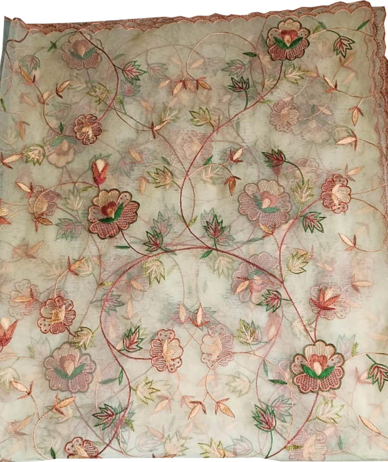 Pastel Hand Embroidered Parsi Net Dupatta - Luxurion World- Crafted Heirlooms