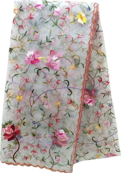 Elegant Off White Hand Embroidered Net Dupatta - Luxurion World- Crafted Heirlooms