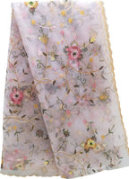 Pink Hand Embroidered Parsi Net Dupatta - Luxurion World- Crafted Heirlooms