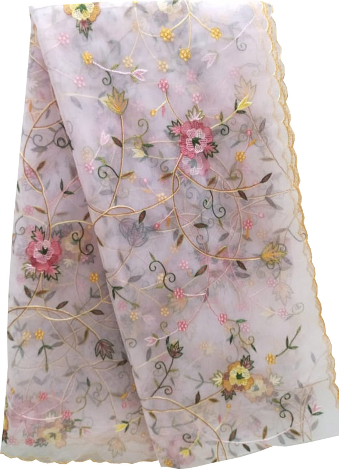 Pink Hand Embroidered Parsi Net Dupatta - Luxurion World- Crafted Heirlooms