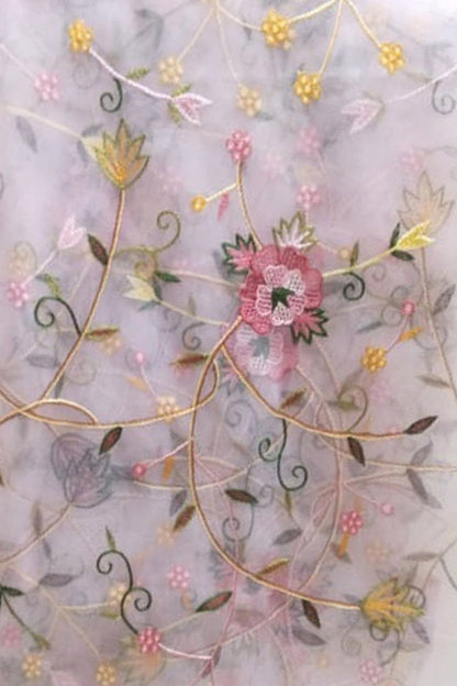 Pink Hand Embroidered Parsi Net Dupatta - Luxurion World