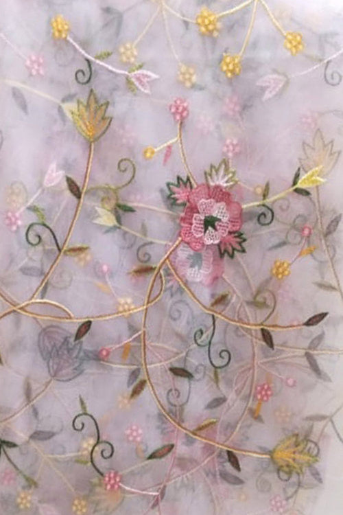 Pink Hand Embroidered Parsi Net Dupatta - Luxurion World- Crafted Heirlooms