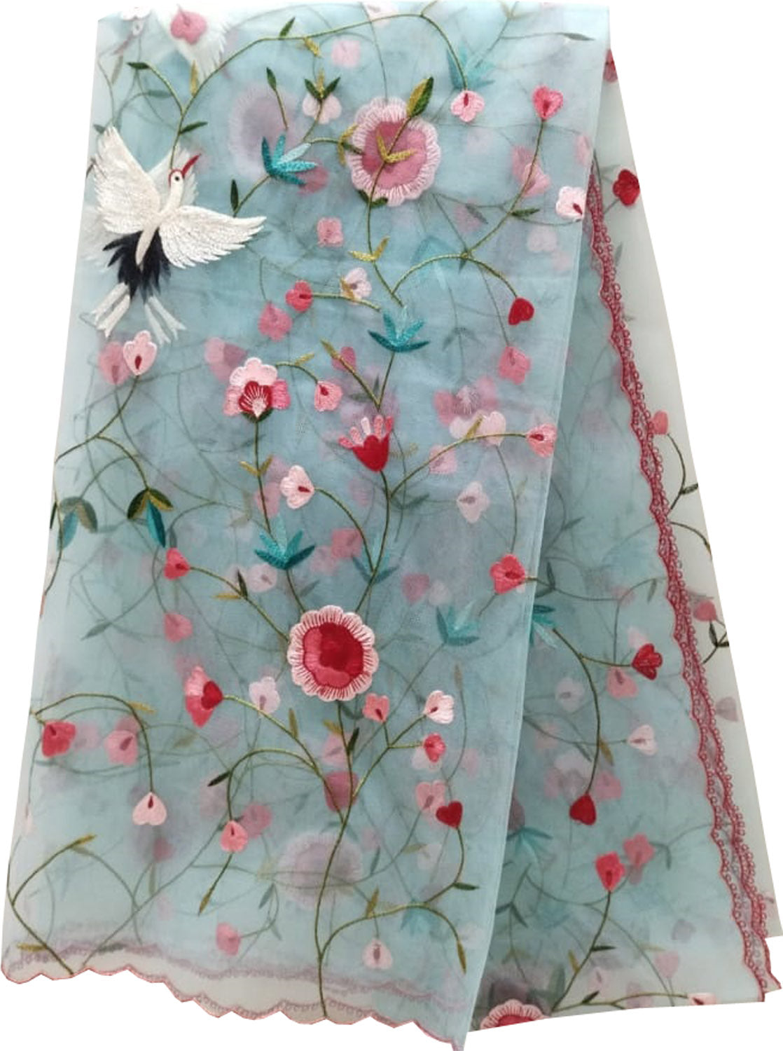 Blue Hand Embroidered Net Dupatta with Parsi Convent Work - Luxurion World