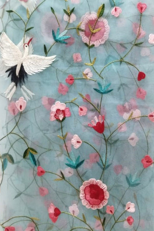 Blue Hand Embroidered Net Dupatta with Parsi Convent Work - Luxurion World