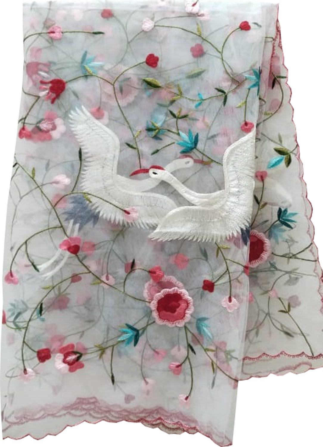 Elegant Off White Hand Embroidered Net Dupatta - Luxurion World- Crafted Heirlooms