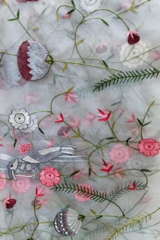 Elegant Off White Hand Embroidered Net Dupatta - Luxurion World