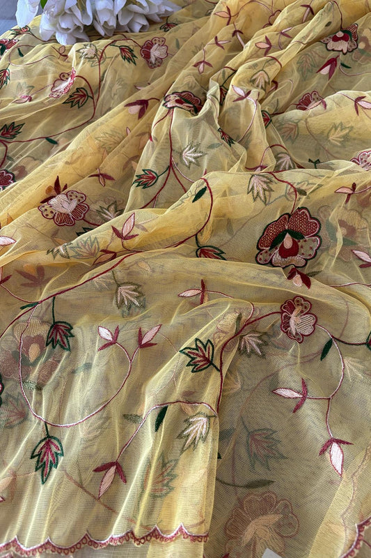 Yellow Hand Embroidered Net Dupatta With Parsi Convent Work - Luxurion World