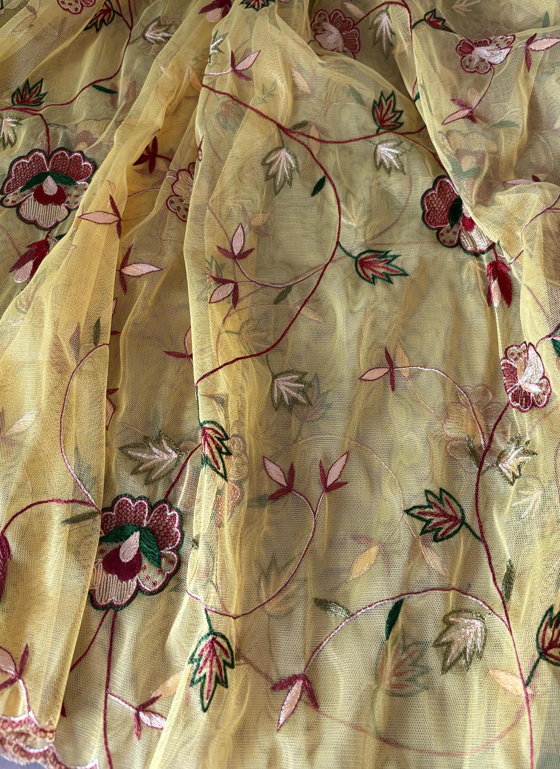 Yellow Hand Embroidered Net Dupatta With Parsi Convent Work - Luxurion World- Crafted Heirlooms