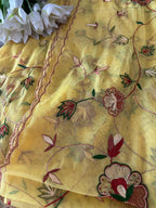 Yellow Hand Embroidered Net Dupatta With Parsi Convent Work - Luxurion World- Crafted Heirlooms
