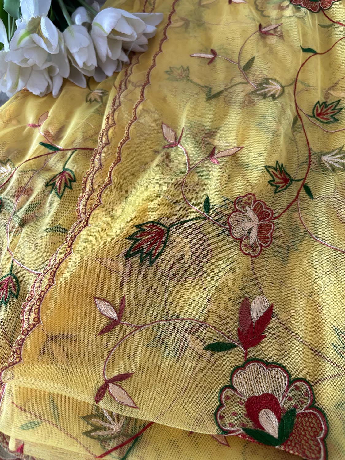 Yellow Hand Embroidered Net Dupatta With Parsi Convent Work - Luxurion World- Crafted Heirlooms