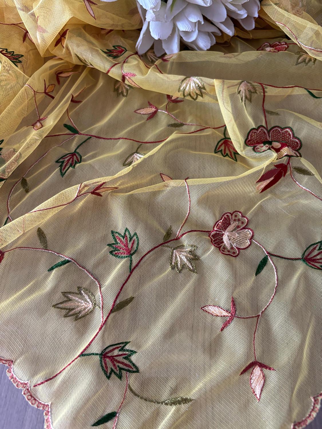 Yellow Hand Embroidered Net Dupatta With Parsi Convent Work - Luxurion World- Crafted Heirlooms